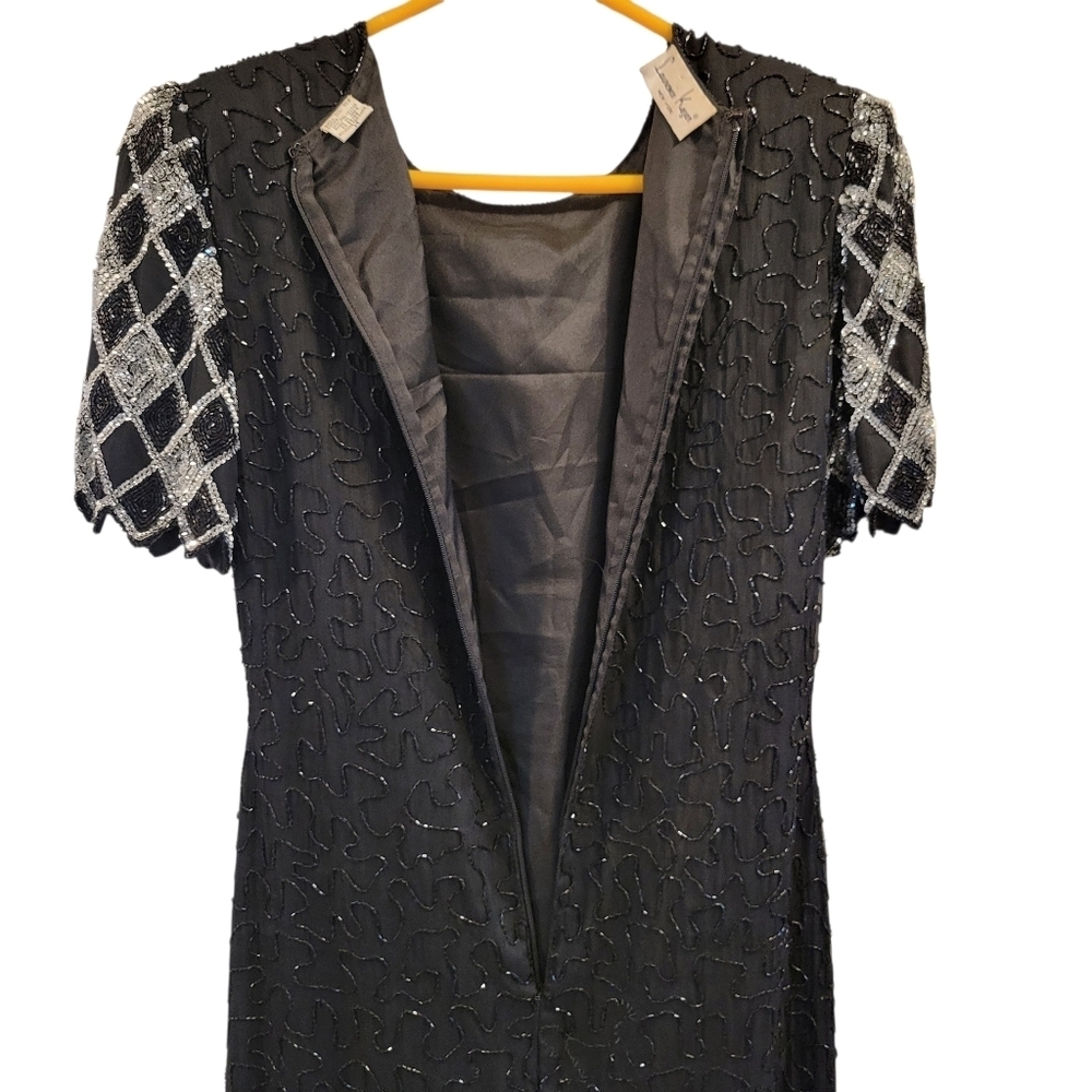 Vintage Laurence Kazar Silk Black Silver Beaded Sequined Full Length Gown Dress - Picture 9 of 12